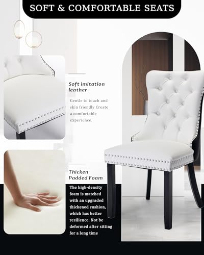 VICBARLEY Leather Dining Chair Set of 6 Upholstered Tufted Dining Room Chair with Nailhead Trim and Solid Wood Legs for Kitchen, Restaurant, White&Black - Thumbnail 3