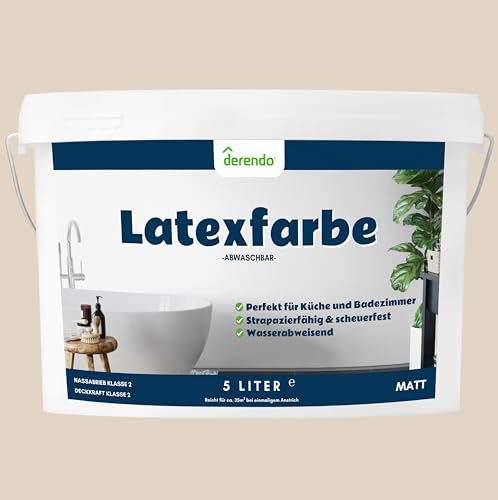 derendo Latexfarbe beige cookie matt abwaschbar 5 Liter für Innen Küche Badezimmer streichen beige Wandfarbe hohe Deckkraft 5l