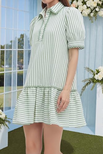 Image of EZAPINE Women Striped Shirt Dress Summer Button Down Collared Short Puff Sleeve Ruffle Hem Casual Flowy Mini Dress