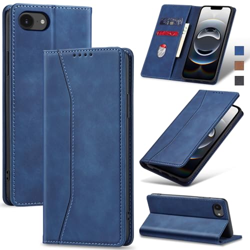 Image of Jasonyu Flip Wallet Case for iPhone 16E,Leather Magnetic Folio Cover with Card Holder,Kickstand - TPU Shockproof Durable Protective Phone Case,Blue