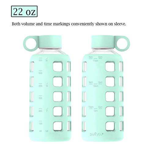 purifyou Premium Glass Water Bottle w/Time and Volume Markings Plus Ultra-Soft Silicone Sleeve & Stainless Steel Lid Insert 32/22 / 12 oz (Glow in The Dark, 32 oz)