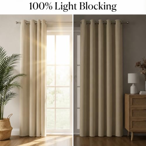 Image of 100% Blackout Window Curtains, 9 Feet, Solid Design, Faux Silk, Thermal Insulated, Noise Reducing Eyelet Door Curtain with Tie Back for Living Room & Bedroom, 115x274cm, Pack of 1 - Cream