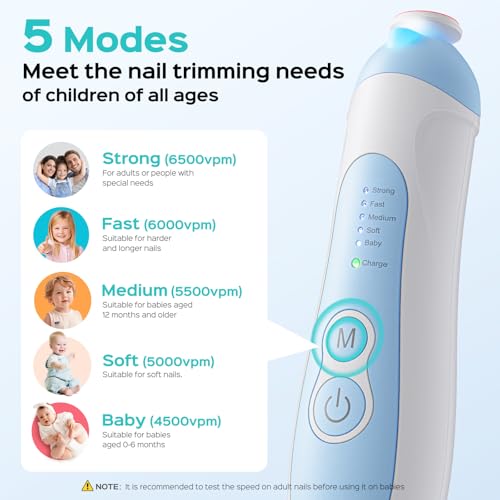 COSLUS Rechargeable Baby Nail File: Cordless Baby Nail Trimmer Electric, Baby Nail Clipper with 5 Speeds & 6 Grinding Heads for Baby Kid, CPC Certified & Quiet Design - Safe for Sleep Trim, C52 Blue - Image 5