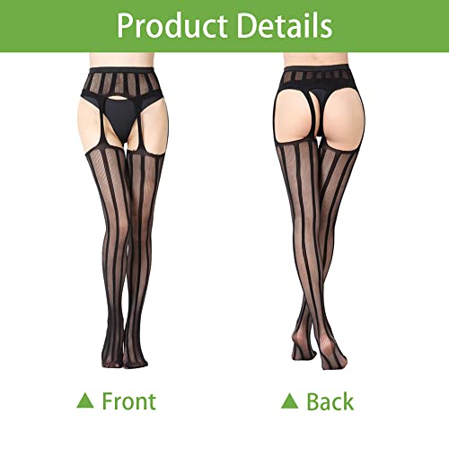 Image of Women's High Waist Fishnet Tights Suspenders Pantyhose Thigh High Stockings Black