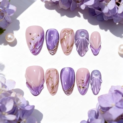 plalely Almond Press on Nails Short Purple Fake Nail3D Charm Acrylic Nail Press ons with Gold Embossed Design Stick on Nails for Women 24pcs