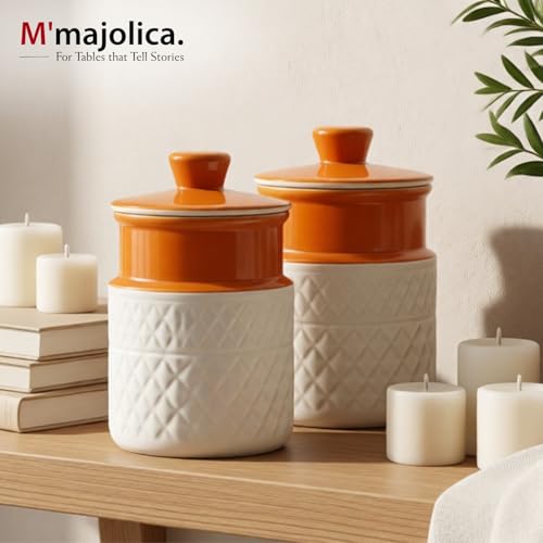 Image of Ceramic Storage Jar with Lid Set of 2-1000 ML Each | Orange & White Textured Kitchen Container for Tea, Coffee, Sugar, Snacks & Dry Storage | Decorative Countertop Jar