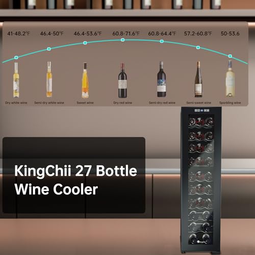 Image of KingChii 27 Bottle Wine Cooler Refrigerator Freestanding Wine Fridge - Intelligent Digital Control, Low Noise Professional Compressor, Stainless Steel & Tempered Glass for Home, Office, or Kitchen