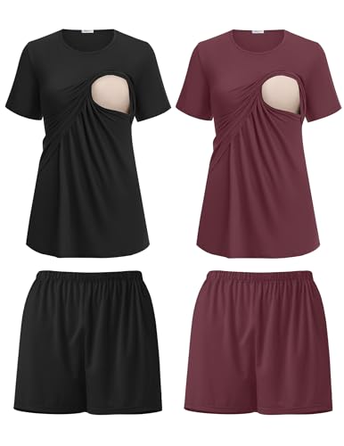 Ekouaer 2 Pack Maternity Sleepshirts Double Layer Postpartum Sleepshirts Short Sleeve Breastfeeding Nursing Clothes Tops & Shorts L Black/Dark Red
