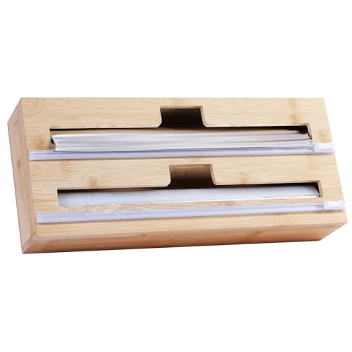 2 in 1 Plastic Wrap Dispenser with Cutter,Bamboo Foil and Plastic Wrap Organizer,Aluminum Foil and Wax Dispenser for Kitchen Drawer Storage Organization