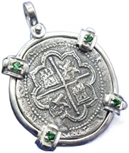 Sterling Silver Round "4 Reale" Reproduction Spanish Atocha Shipwreck Pirate Coin Pendant with Green Stone Emerald Bezel
