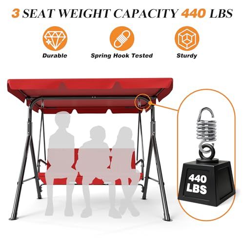Image of GARTOO 3-Seat Patio Swing Chair, Outdoor Porch Swing with Adjustable Canopy and Durable Steel Frame for Patio, Garden, Poolside(Red)