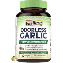 Vitalibre Odorless Garlic, Extra Strength Extract, Non-GMO, No Gluten, Heart & Immunity, Antioxidant Defense, 180 Softgels