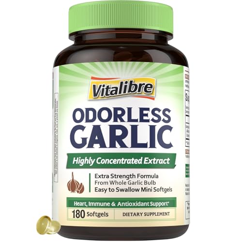 Vitalibre Odorless Garlic Extra Strength Extract Non-GMO No Gluten Heart & Immunity Antioxidant Defense 180 Softgels