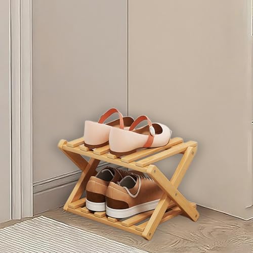 Kiss me Zapatero plegable de bambú de 2 niveles pequeño vertical de madera para espacio estrecho