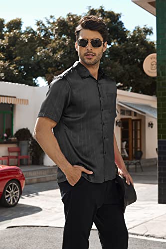 Coofandy Silk Shirts For Men Short Sleeve Button Up Shirts For Men Relaxed Fit Work Shirt Airy Summer Blouse Shiny Thread Black #TOP2