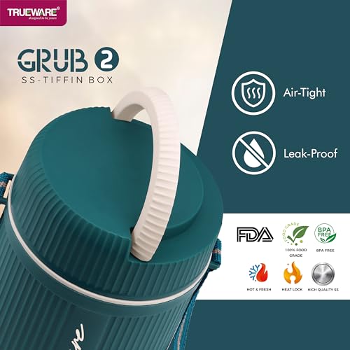 Image of Trueware GRUB 2 Double Wall Insulated Hot Lunch Box with 2 SS Container 300 ML Each & 1 SS Container 200ML | Bpa Free | Food Grade | Hot and Fresh Ma (LBI-GRB-002-Blue BAZ)
