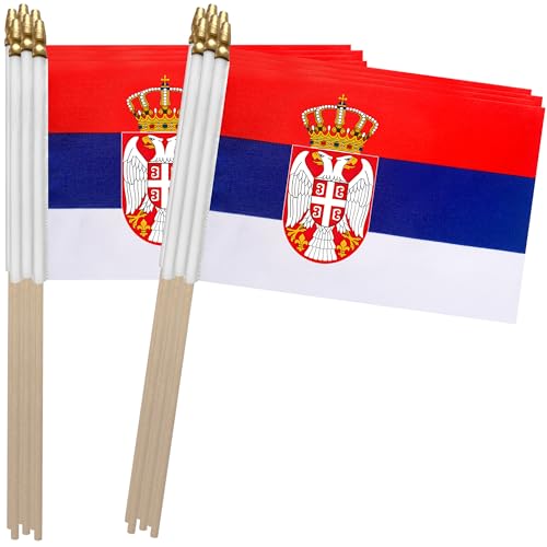 TSMD Serbia Stick Flag Serbian Small Mini Hand Held Flags,5x8 Inch,12 Pack