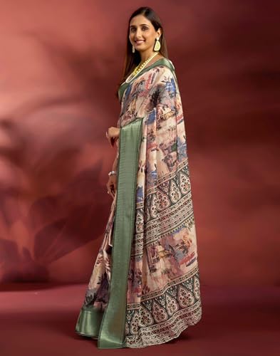 Image of SIRIL Women's Dola Silk Printed Jacquard Border Ready To Wear Saree with Unstitched Blouse Piece