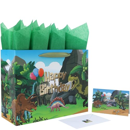wishinside 13 Large Dinosaur Birthday Gift Bag Set with Handles Greeting Card Black Tissue Papers and Stickers for Boys Kids Teens Dinosaur Design 1 Pcs
