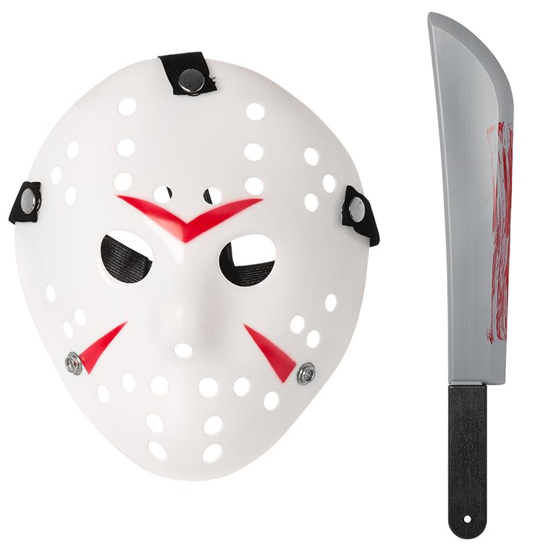 Ultra Scary Halloween Hockey Mask - Horror Costume & Adults and Kids - Halloween Parties and Events - Perfect Scary Costume Accessory - Serial Killer – White and Red Mask and Machete