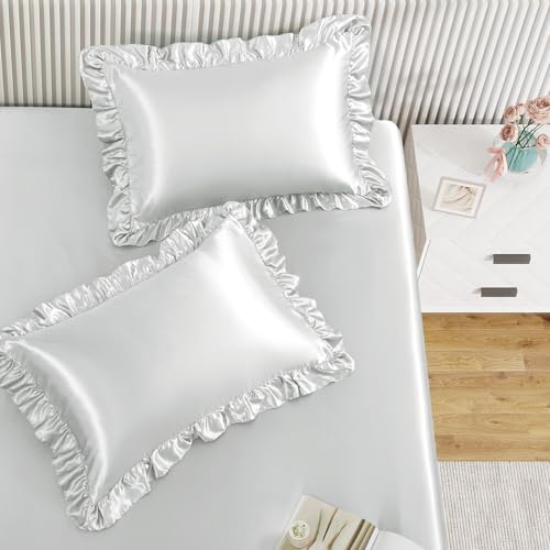 Image of Homiest Light Grey King Ruffle Pillowcase & Satin Fitted Sheet Set 3Pcs | Silky Satin Protects Hair And Skin, 15-Inch Deep Pocket, Pearlescent Soft Calming Tone, Easy Machine Wash Care