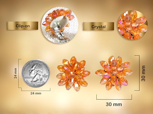 Aros Clip-On Naranja con Flor Crisantemo y Cristal miniatura 3