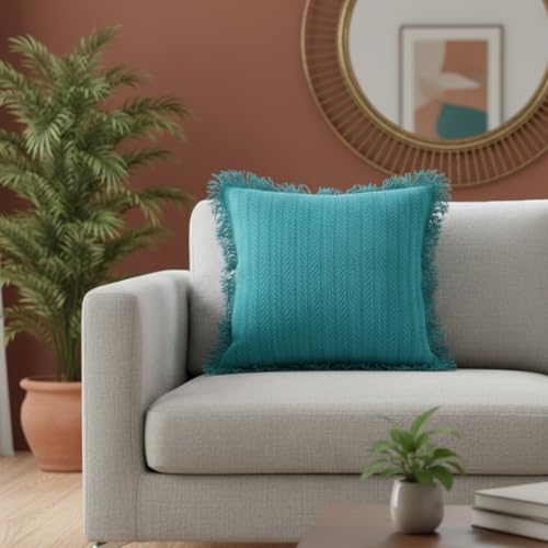 Image of Teal Blue Cushion Covers - 16x16 Inch | Set of 2 | Hand-Woven Fringed Cotton Decorative Covers for Sofa, Living Room & Bedroom Decor | Square Shape Cushion Cases