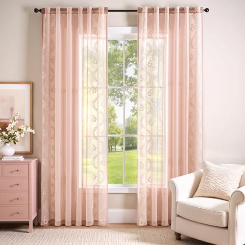 Image of jinchan Floral Sheer Curtains, Back Tab 50x84 Inch, 2 Panels Pink
