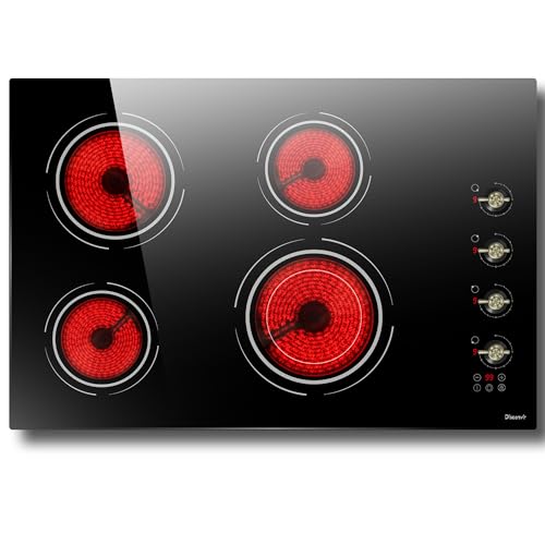 4 Burner Electric Cooktop 30 Inch - Glass Ceramic Stove Top 6700W Built-in, 220-240V Radiant Electric Cook Top, Residual Heat Indicator, Knob Control, Safety Lock, Timer, Hard Wired(No Plug)