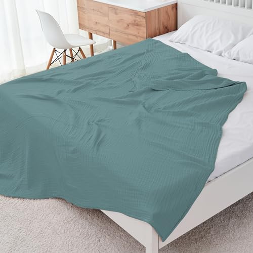 Image of Cosy Family 4 Layer Muslin Bed Blanket - Breathable and Lightweight Gauze Boho Blanket for Spring, Soft 100% Cotton Muslin Blanket, Green, 55x80 Inches