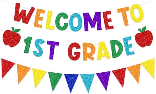 Welcome To 1st Grade Banner, Back to School Decorations, First Day of 1st Grade Preschool Kindergarten Party Decorations for Classroom Office, Colorful Glittery Welcome Banner Pennant Bunting Garlands