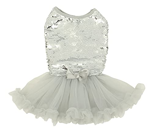 Pawpatu Silver White Reversable Sequins Glitzy Tulle Dress For Dogs, X-Small #TOP12