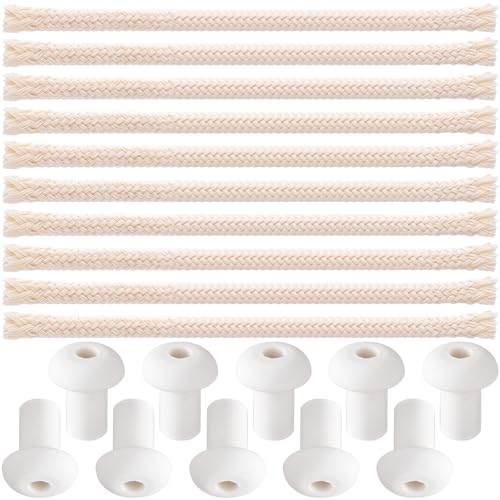HINZIC 10 PCS 0.5FT Cotton Oil Lamp Wicks with 10 PCS Holders Braided Wick Replacement Round Candle Burner for Tiki Torches Alcohol Lampberger Kerosene Lamp