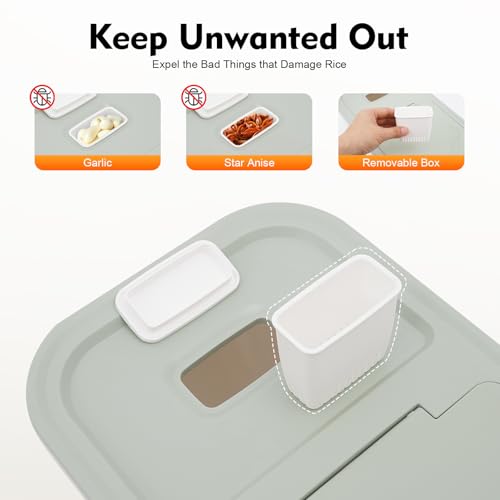 DHQCQL Futtertonne Reisbehälter 10KG, Futterbehälter mit Reistasse, Futteraufbewahrung für Hunde, Reisspender für Reis, Mehl, Cornflakes, Hundefutter, Katzenfutter, 22 * 38 * 23cm, Grün