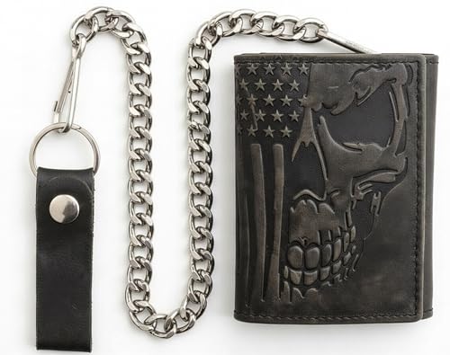 Image of F&L CLASSIC RFID Blocking Men's Tri-fold Vintage Biker Cowhide Leather Steel Chain Wallet,Snap closure, black, skull flag,315-203