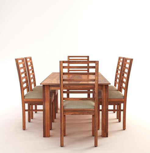 Image of Solid Sheesham Wood Dining Set with Dining Table & Cushioned Chairs | Elegant | Comfortable | Durable & Stylish for Dining Room | Living Room | Home & Office | Hotels Restaurant (brown 25)