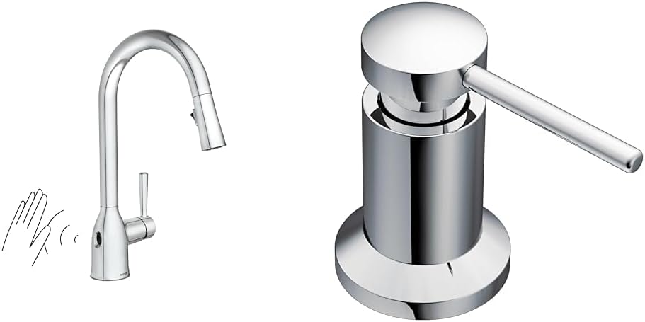 Moen Adler Touchless Chrome Kitchen Faucet wth Power Clean and Reflex Technology, 87233EWC + Moen Chrome Kitchen Soap Dispenser, 3942