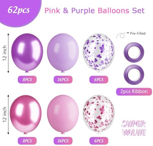 62 Pack Kpop Girl Birthday Decorations - 12 Inch Pink and Purple Balloons Metallic - Korean Hunters Birthday Decorations Music Idol Movie Band Party Supplies for Men Women Girl Fans 5th 6th 7th — view 2