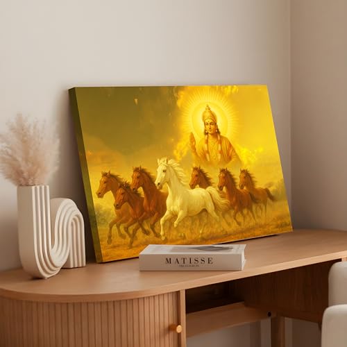 Image of Shurya Dev 7 Running Horses Canvas Wall Art Painting With Frame For Living Room Seven Horse Vastu Feng Shui Framed Painting Positive Energy Wall Art For Home, Office, (16x22 Inch)