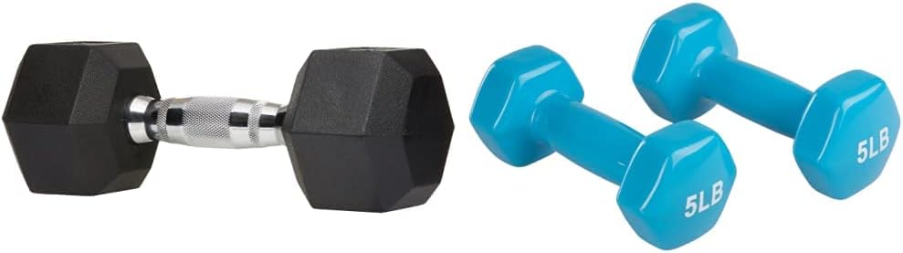 Amazon Basics Rubber Encased Hex Dumbbell Weight - 10.7 x 4 x 3.5 Inches, 10 Pounds, Pack of 1 & Vinyl Hexagon Workout Dumbbell Hand Weight, 5-Pound, Light Blue - Set of 2