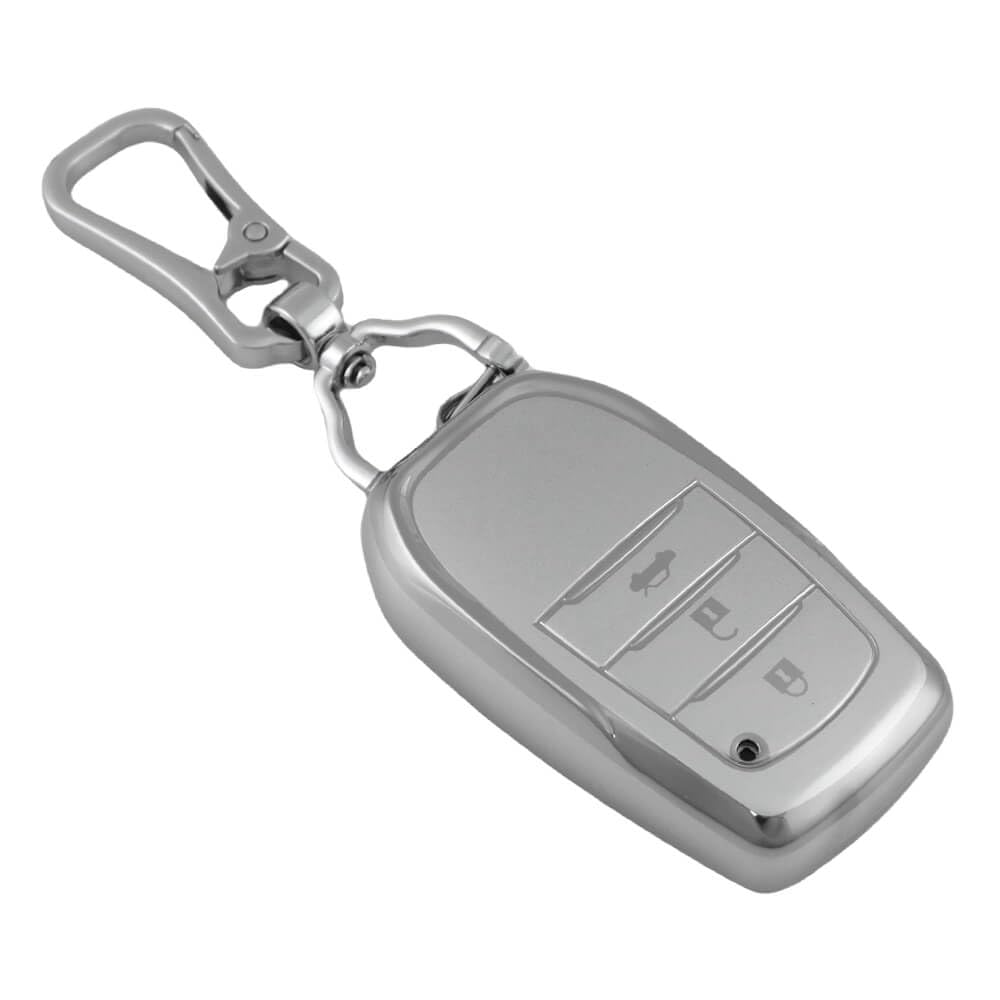 Keyzone DTPU Key Cover & Alloy Keychain for Toyota Fortuner, Legender, Innova HyCross, Land Cruiser, Suzuki Invicto Smart Key (Silver)