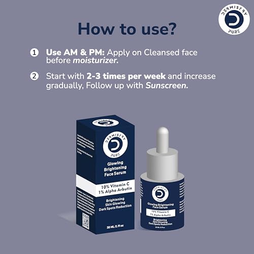 Image of Dermistry Pure 10% Vitamin C Face Serum with 1% Alpha Arbutin for Skin Lightening Brightening Glowing & Even Skin Tone Pigmentation Dark Spots Tan Removal for Men & Women Day Night Use 30ml