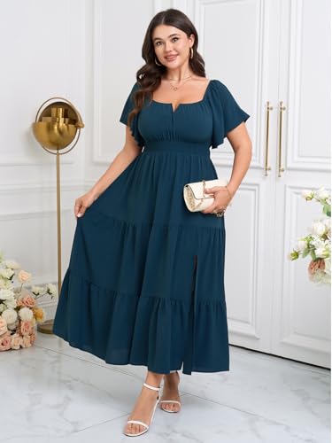 Image of SCOMCHIC Womens Plus Size Maxi Dress Formal Short Sleeve Square Neck Smocked Side Split Flowy A Line Tiered Long Dress