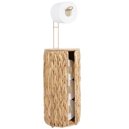 Freestanding Wicker Toilet Paper Holder with Lid&Storage-Holds 4 Rolls Handmade Woven Water Hyacinth Organizer Basket for Bathroom Boho Farmhouse Decor Tissue Stand with Storage Shelf