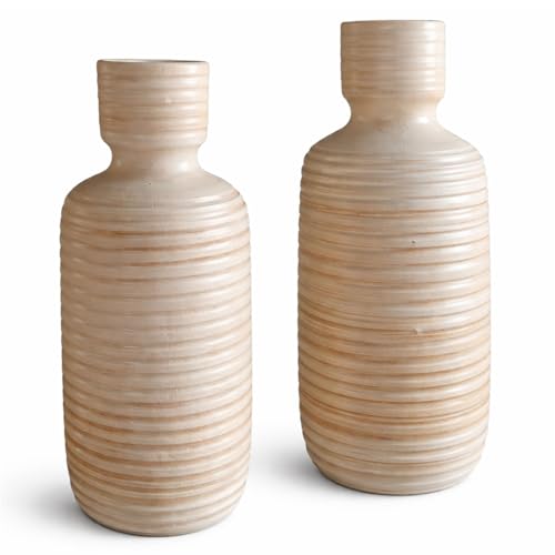 Jarrones Decorativos Modernos Set 2 Piezas de cerámica Beige 40 y 35 cm, diseño Tipo Botella Acanalado en Relieve, Jarrones Decorativos Grandes Elegantes y florero Artesanal Estilo contemporáneo
