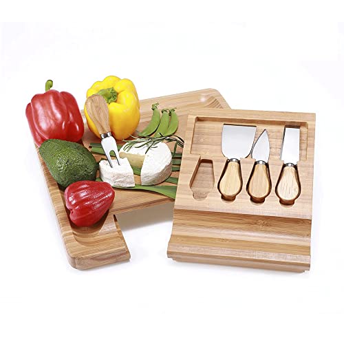 Cheese Board and Knife Set | Charcuterie Board | Bamboo Cheese Tray with Cheese Knives Sets | Large Wooden Cheese Plate and Cheese Platter Board Set | Cheeseboard Gift Set 50th Birthday | Wedding Gift - Thumbnail 4