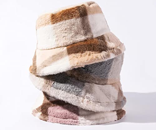 Ruinuo Womens Plush Bucket Hat Plaid Fluffy Warm Hat For Autumn Winter Travel Packable Bucket Hats Blue #TOP2