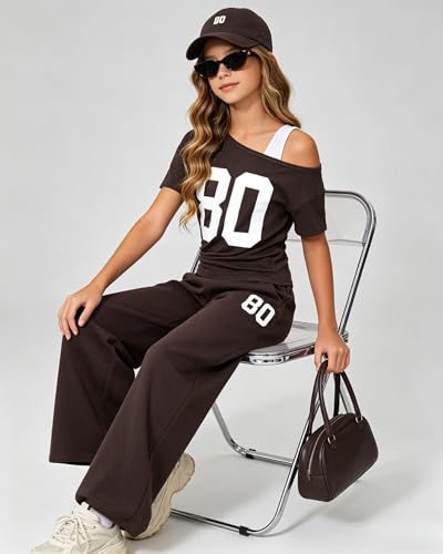 Image of Teen Girls Clothes Off the Shoulder Top and Wide Leg Pants Matching Outfit Set with Pockets Size 7-16