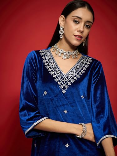 Image of Women Velvet Emb V-Neck Short Kurta With Palazzos