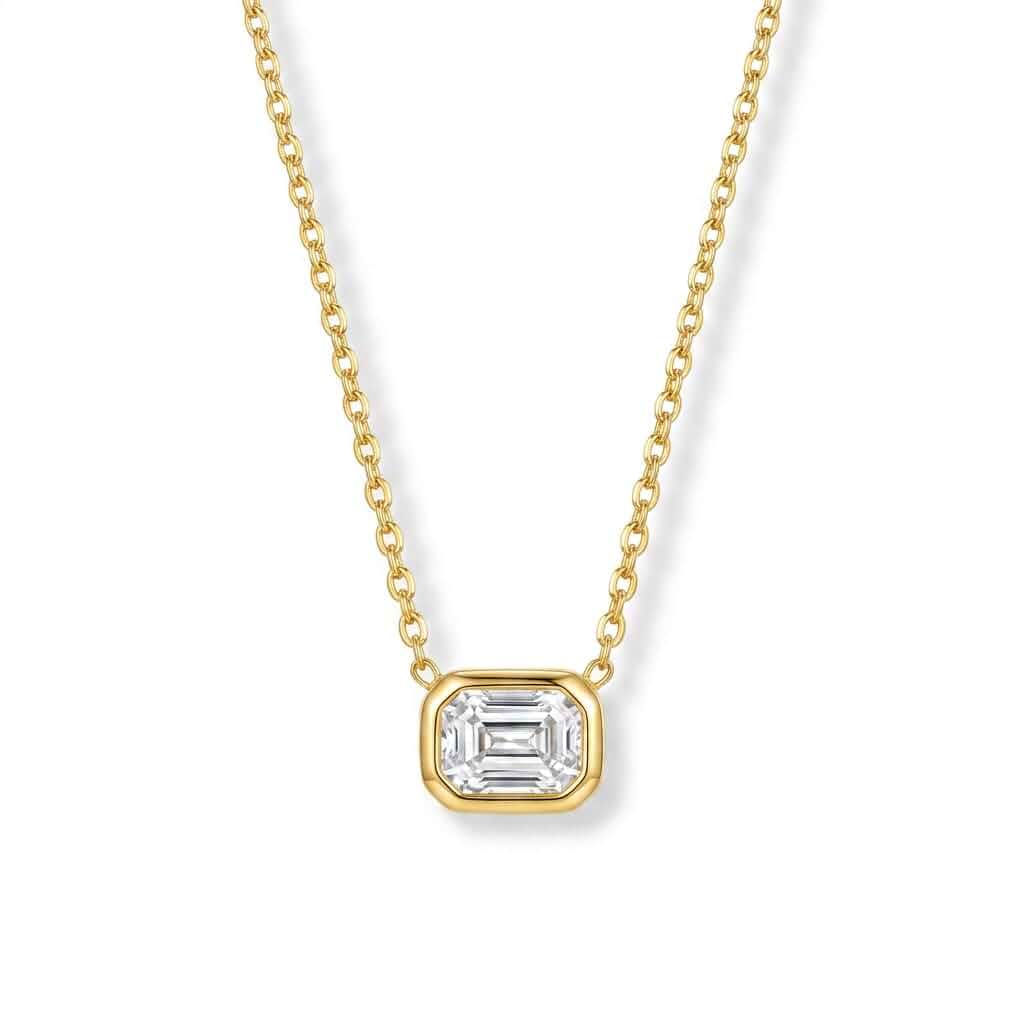 Gold Plated Emerald Cut Birthstone Necklace for Women - Horizontal East West Bar Pendant, Minimalist Everyday Jewelry, Birthday Gift for Her